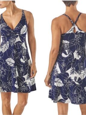 Patagonia Amber Dawn Dress XS Navy Floral Organic Cotton Cross Back Sundress